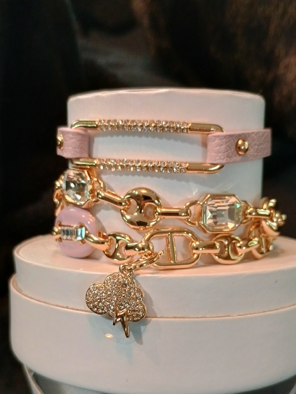 Gold and Light Pink Crystal Link Bracelet Stack